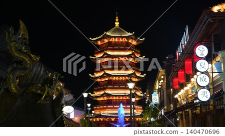 Nighttime View of Pagoda Dragon Sculpture and Cityscape Nighttime View of Pagoda Dragon Sculpture and Cityscape 140470696