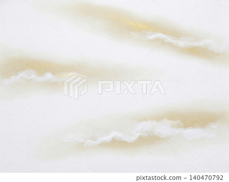 An elegant Japanese material featuring delicate gold and pearlescent mist patterns swirling across white washi paper. An elegant Japanese material featuring delicate gold and pearlescent mist patterns swirling across white washi paper. 140470792