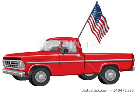 Classic Red Pickup Truck with American Flag 140471186