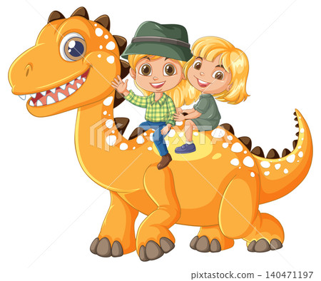 Two Children Riding a Friendly Cartoon Dinosaur 140471197