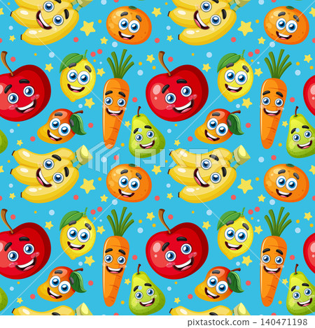 Seamless Pattern of Cheerful Cartoon Fruit and Vegetable Characters Seamless Pattern of Cheerful Cartoon Fruit and Vegetable Characters 140471198
