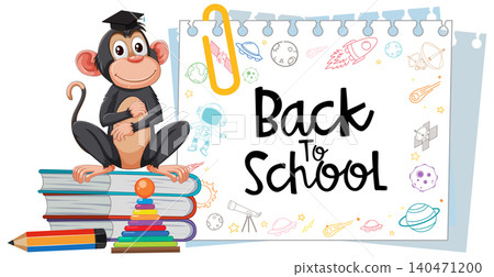 Cartoon Monkey Graduate Sitting on Books with Back to School Sign Cartoon Monkey Graduate Sitting on Books with Back to School Sign 140471200