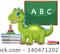 Friendly Green Dinosaur in School Setting with ABC Chalkboard and Books 140471202