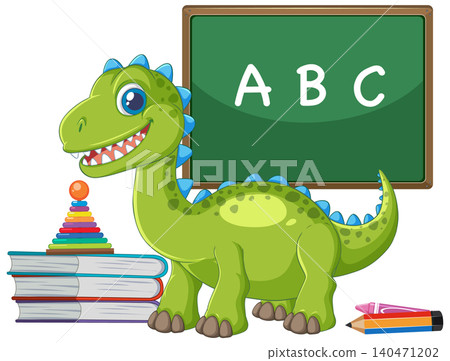Friendly Green Dinosaur in School Setting with ABC Chalkboard and Books Friendly Green Dinosaur in School Setting with ABC Chalkboard and Books 140471202