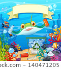 Cartoon Stingray Cleaning Ocean Floor with Recycle Bin and Banner 140471205