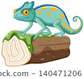 Cartoon Chameleon Illustration Standing on a Mossy Log Branch 140471206