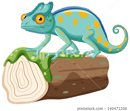 Cartoon Chameleon Illustration Standing on a Mossy Log Branch 140471206