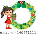 Cartoon Girl Holding Gift Box Next to Decorated Christmas Wreath Frame 140471211