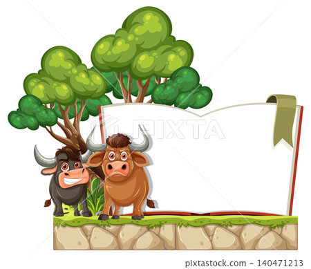 Cartoon Buffaloes Beside Open Book in Forest Setting Cartoon Buffaloes Beside Open Book in Forest Setting 140471213
