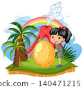 Cartoon Girl Holding Large Dinosaur Egg Near Erupting Volcano 140471215