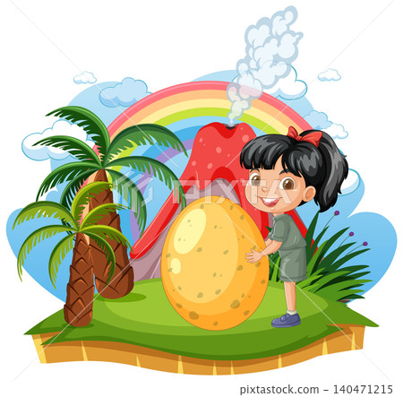 Cartoon Girl Holding Large Dinosaur Egg Near Erupting Volcano Cartoon Girl Holding Large Dinosaur Egg Near Erupting Volcano 140471215