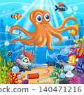 Cartoon Octopus Cleaning Plastic Waste and Trash from Ocean Floor 140471216