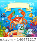 Cartoon Crab Cleaning Plastic Waste From Ocean Floor With Recycle Bin 140471217