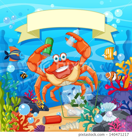 Cartoon Crab Cleaning Plastic Waste From Ocean Floor With Recycle Bin Cartoon Crab Cleaning Plastic Waste From Ocean Floor With Recycle Bin 140471217