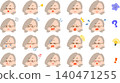 A set of illustrations of a young woman wearing glasses with various expressions. 140471255