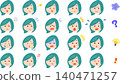 A set of illustrations of a young woman with green hair, featuring various expressions. 140471257