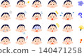 A set of illustrations featuring young women with very short hair and various facial expressions. 140471258
