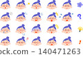 A set of illustrations featuring a young woman with her hair in a bun and wearing glasses, showing various expressions. 140471263