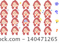 A set of illustrations depicting a young woman with red hair and various facial expressions. 140471265