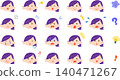 A set of illustrations of young women with their hair tied up, showing various expressions. 140471267