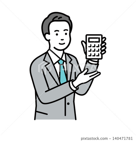 A male office worker in a suit holding a calculator. A male office worker in a suit holding a calculator. 140471781