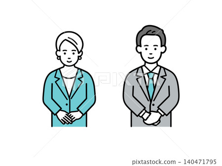 一男一女身著西裝,互相鞠躬。 一男一女身著西裝,互相鞠躬。 140471795