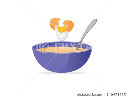 Egg cracking into mixing bowl with batter and spoon stock illustration. 140471835
