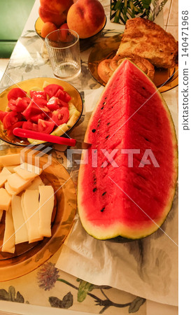 Refreshing summer lunch featuring watermelon, cheese, and tomato salad in croatia Refreshing summer lunch featuring watermelon, cheese, and tomato salad in croatia 140471968