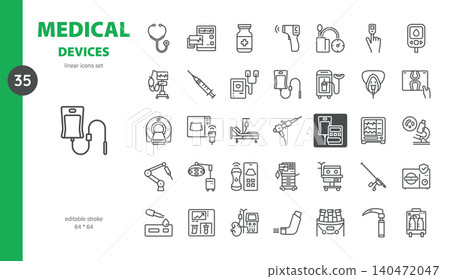Simple Set of Medical Devices Related Vector Line Icons. Contains such Icons as Stethoscope, Thermometer, CT Scanner, IV Drip, Glucometer and more. Editable Stroke. Pixel Perfect Vector. 140472047