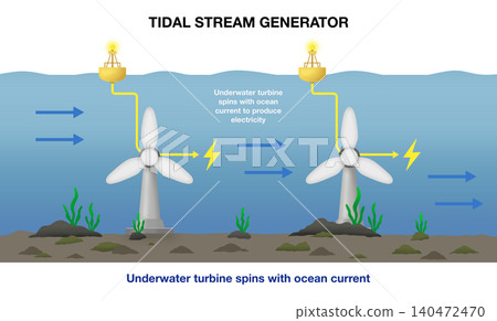 Educational science infographic diagram of tidal stream generator, showing underwater turbine spinning with ocean current to produce renewable green electricity for school textbook Educational science infographic diagram of tidal stream generator, showing underwater turbine spinning with ocean current to produce renewable green electricity for school textbook 140472470