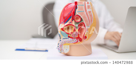 Doctor with Male Reproductive System anatomy model. Male consultation, Prostate Cancer, Enlarged prostate, Prostatitis disease, Male Infertility, Erectile dysfunction, Penis and Male genital disorder Doctor with Male Reproductive System anatomy model. Male consultation, Prostate Cancer, Enlarged prostate, Prostatitis disease, Male Infertility, Erectile dysfunction, Penis and Male genital disorder 140472988