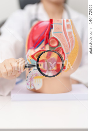 Doctor with Male Reproductive System anatomy model. Male consultation, Prostate Cancer, Enlarged prostate, Prostatitis disease, Male Infertility, Erectile dysfunction, Penis and Male genital disorder Doctor with Male Reproductive System anatomy model. Male consultation, Prostate Cancer, Enlarged prostate, Prostatitis disease, Male Infertility, Erectile dysfunction, Penis and Male genital disorder 140472992
