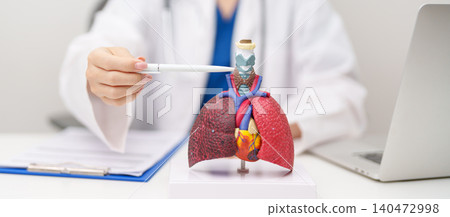 Doctor with Thyroid of Respiratory system anatomy for Diseases. Lung Cancer, Asthma, Chronic Obstructive Pulmonary or COPD, Bronchitis, Emphysema, Cystic Fibrosis, Bronchiectasis and Pneumonia Doctor with Thyroid of Respiratory system anatomy for Diseases. Lung Cancer, Asthma, Chronic Obstructive Pulmonary or COPD, Bronchitis, Emphysema, Cystic Fibrosis, Bronchiectasis and Pneumonia 140472998