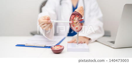 Doctor with Kidney Adrenal gland anatomy model. disease of Urinary system and Stones, Cancer, world kidney day, Chronic kidney, Urology, Nephritis, Renal, Transplant and health concept Doctor with Kidney Adrenal gland anatomy model. disease of Urinary system and Stones, Cancer, world kidney day, Chronic kidney, Urology, Nephritis, Renal, Transplant and health concept 140473003