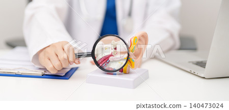 Doctor with human Ear anatomy model. Ear disease, Atresia, Otitis Media, Pertorated Eardrum, Meniere syndrome, otolaryngologist, Ageing Hearing Loss, Schwannoma and Healthcare medical concept Doctor with human Ear anatomy model. Ear disease, Atresia, Otitis Media, Pertorated Eardrum, Meniere syndrome, otolaryngologist, Ageing Hearing Loss, Schwannoma and Healthcare medical concept 140473024