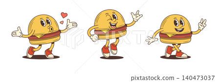 Set Of Hamburger Character Poses And Gestures Cartoon Vector Illustration 140473037