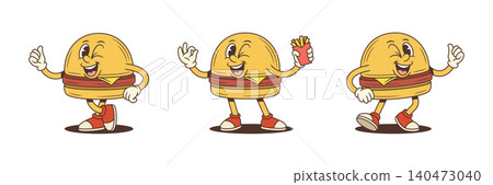 Happy Hamburger Cartoon Character With Fun Poses And Gestures Vector Illustration Happy Hamburger Cartoon Character With Fun Poses And Gestures Vector Illustration 140473040