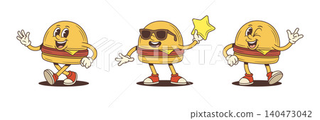 Retro Style Hamburger Cartoon Character Poses And Gestures Vector Illustration Set Retro Style Hamburger Cartoon Character Poses And Gestures Vector Illustration Set 140473042