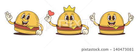A Royal Hamburger Cartoon Character Poses Vector Illustration Set For Branding A Royal Hamburger Cartoon Character Poses Vector Illustration Set For Branding 140473081