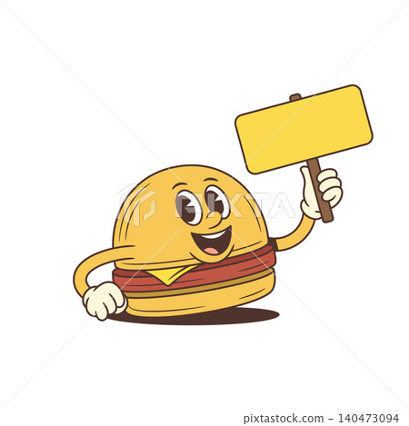Cheerful Cartoon Hamburger Character Holding Blank Yellow Sign Vector Illustration 140473094