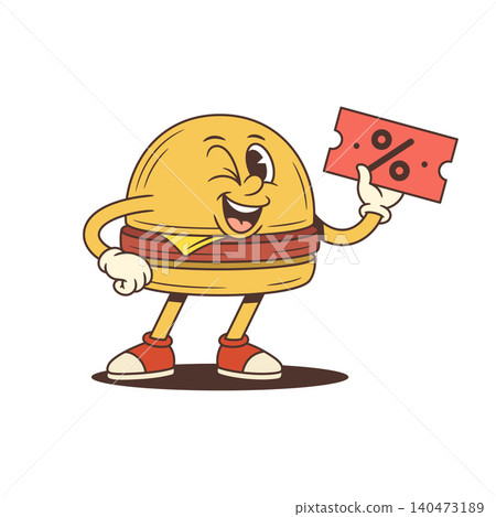 Burger Character Holding Red Discount Coupon Cartoon Vector Illustration Burger Character Holding Red Discount Coupon Cartoon Vector Illustration 140473189