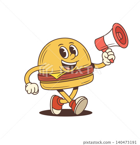 Energetic Cartoon Hamburger Character Walking With Megaphone Vector Illustration 140473191