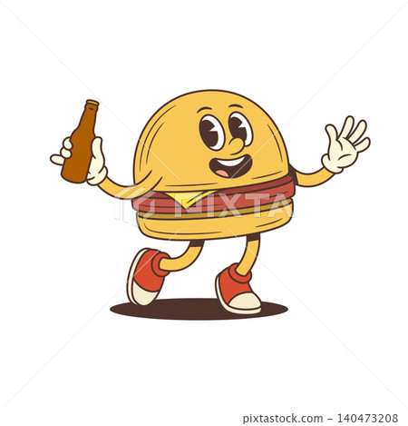 Cheerful Hamburger With Bottle Cartoon Character Mascot Retro Vector Illustration Cheerful Hamburger With Bottle Cartoon Character Mascot Retro Vector Illustration 140473208