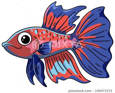 Cute Cartoon Betta Fish Vector Illustration with Blue and Red Fins Cute Cartoon Betta Fish Vector Illustration with Blue and Red Fins 140473233