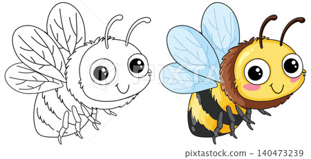 Cute Cartoon Bumblebee Illustration with Black and White Coloring Page Version Cute Cartoon Bumblebee Illustration with Black and White Coloring Page Version 140473239