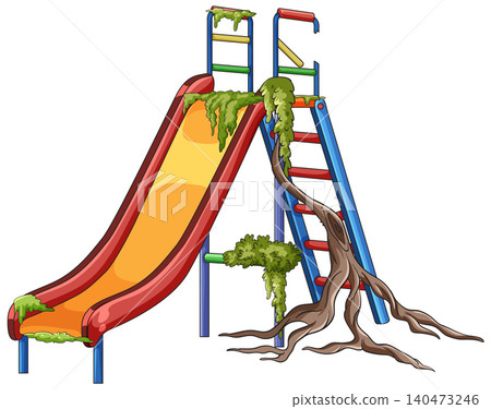 Overgrown Playground Slide with Moss and Tree Roots Overgrown Playground Slide with Moss and Tree Roots 140473246
