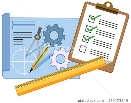 Technical Engineering Blueprint with Drawing Tools and Checklist Clipboard Illustration Technical Engineering Blueprint with Drawing Tools and Checklist Clipboard Illustration 140473249