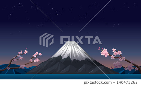 Snow Capped Mountain Peak with Cherry Blossoms Under Starry Night Sky Snow Capped Mountain Peak with Cherry Blossoms Under Starry Night Sky 140473262