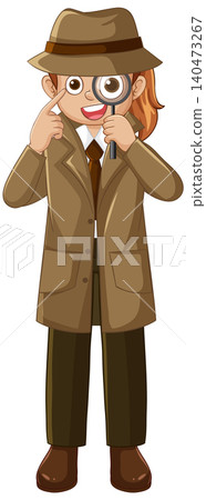 Cartoon Girl Detective Wearing Trench Coat and Fedora Holding Magnifying Glass Cartoon Girl Detective Wearing Trench Coat and Fedora Holding Magnifying Glass 140473267