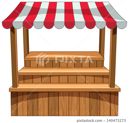 Wooden Market Stall with Red and White Striped Awning 140473273